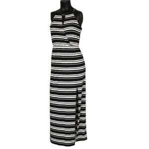 Fortune Ivy Maxi Dress S Black White Stripe High Neck Key Hole Sleeveless Slit